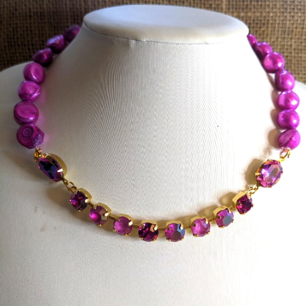 Hot Pink Magenta Crystals & Cultured Freshwater Fuschia Baroque Pearl Necklace